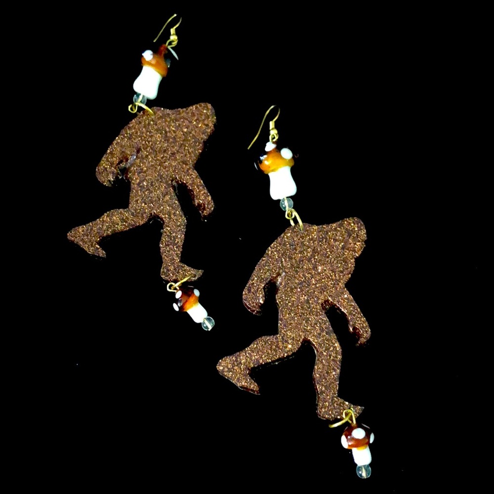 Funky sasquatch and mushrooms dangle earrings